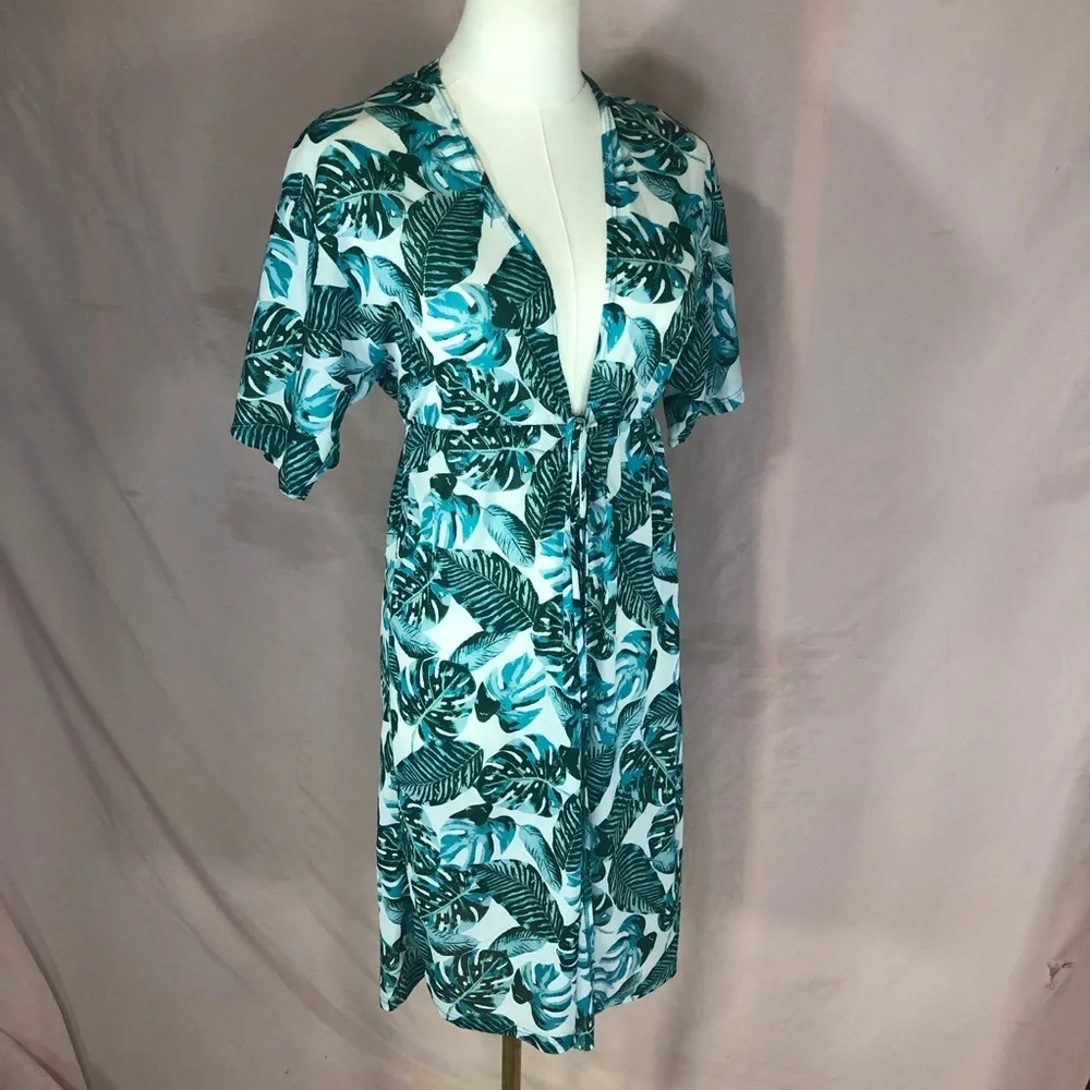 Swimsuit Cover-up Tropical Leaf Print Teal Tie-Front Size XS